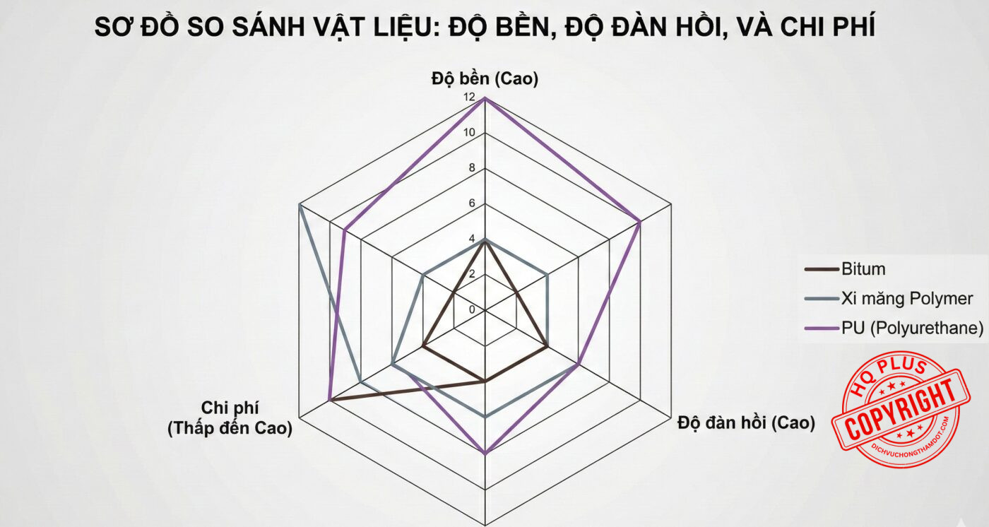 So sánh vật liệu chống thấm, biểu đồ so sánh các chỉ số kỹ thuật và kinh tế của vật liệu chống thấm Bitum, Xi măng Polymer, và Polyurethane
